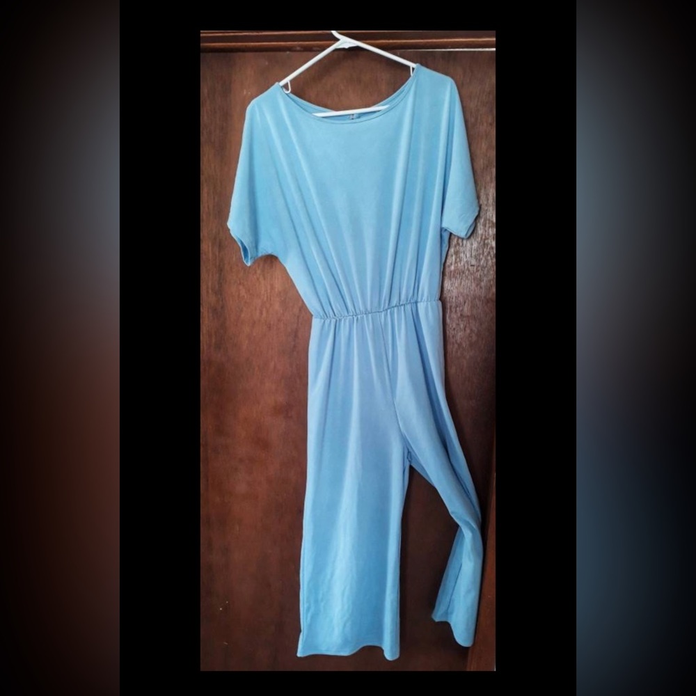 1970s era sky blue culotte pantsuit.  Polyester, elastic waist, short sleeves